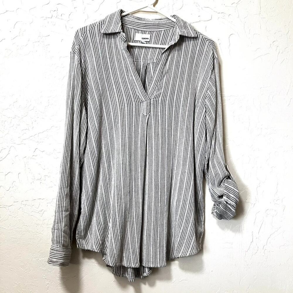 Sonoma Striped Cotton Hi-Lo Top Black White Striped Blouse M Coastal